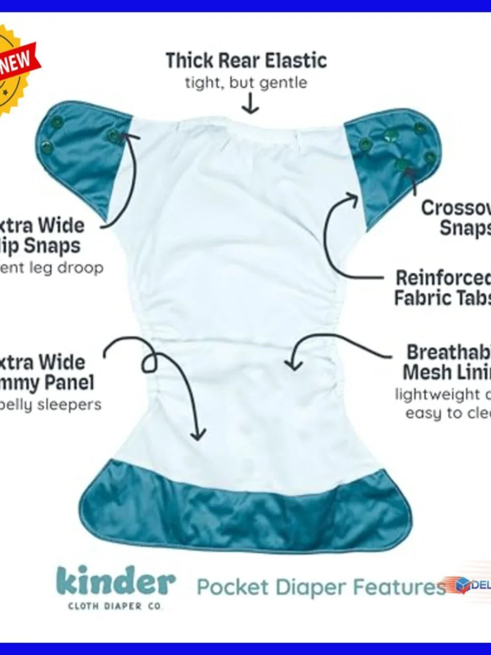 Reusable Pocket Cloth Diapers 5 Pack, Athletic Wicking Jersey, Newborn to Potty